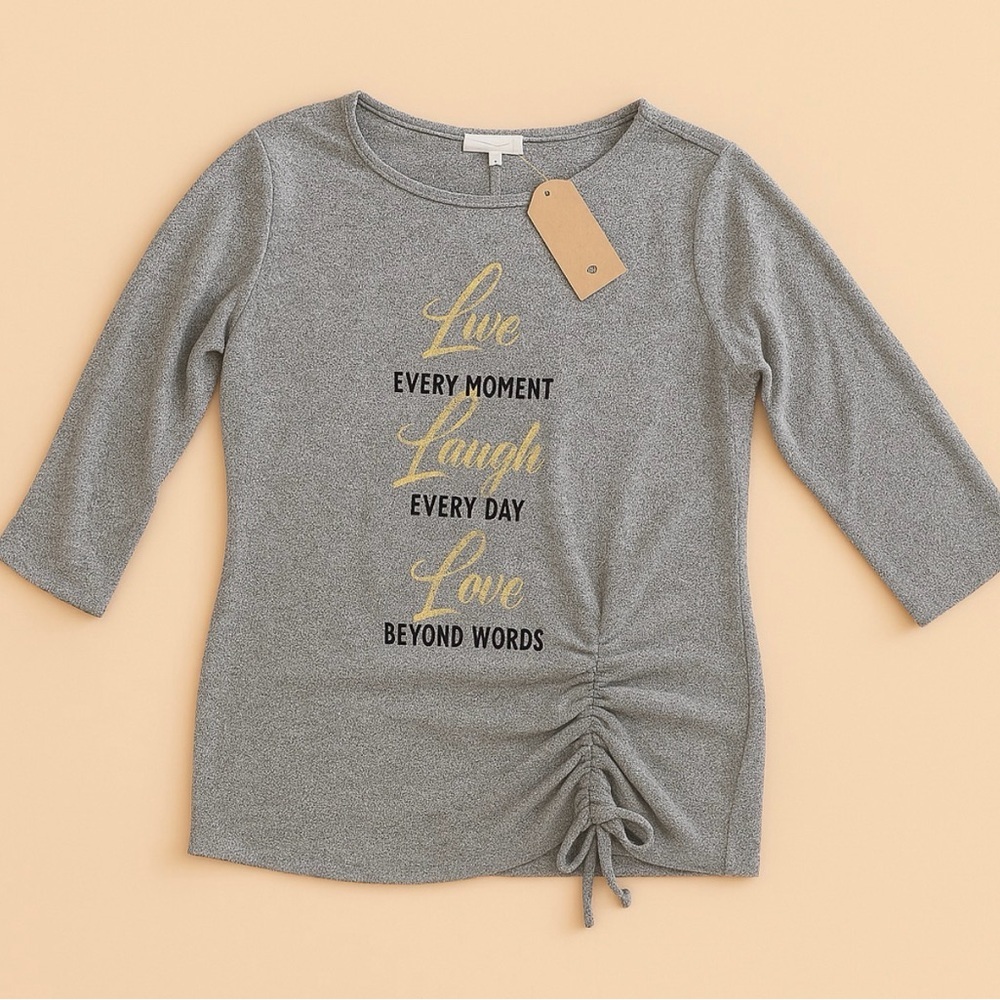 Joie de Vivre Gray Long Sleeve Top with Gold Text Live, Laugh, Love Size: Small